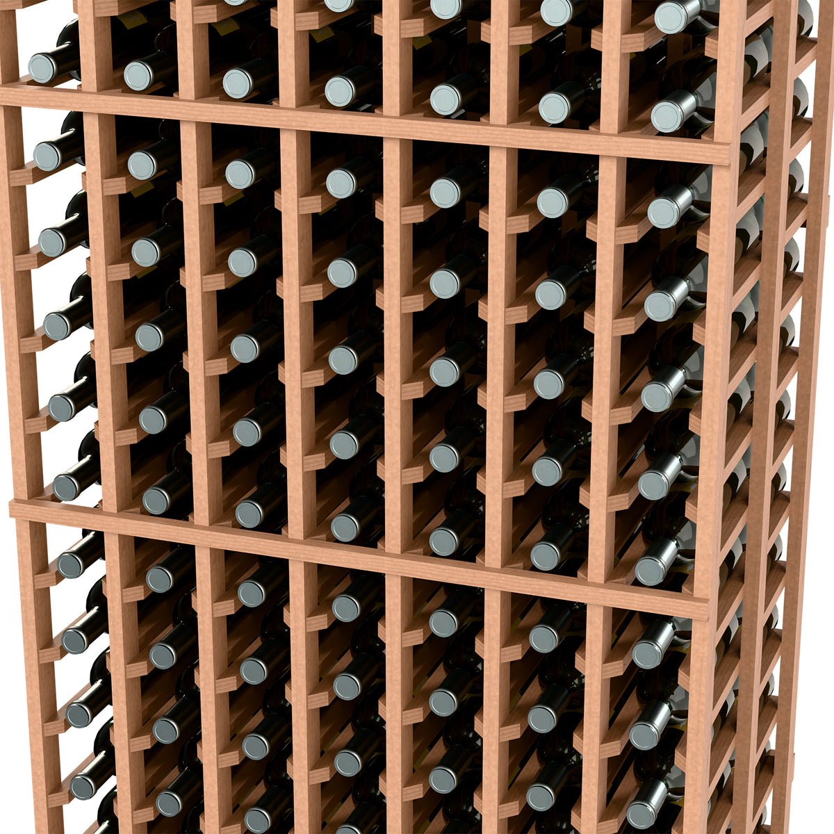 Light brown double-deep wine bottle rack interior with bottle rows and dividers