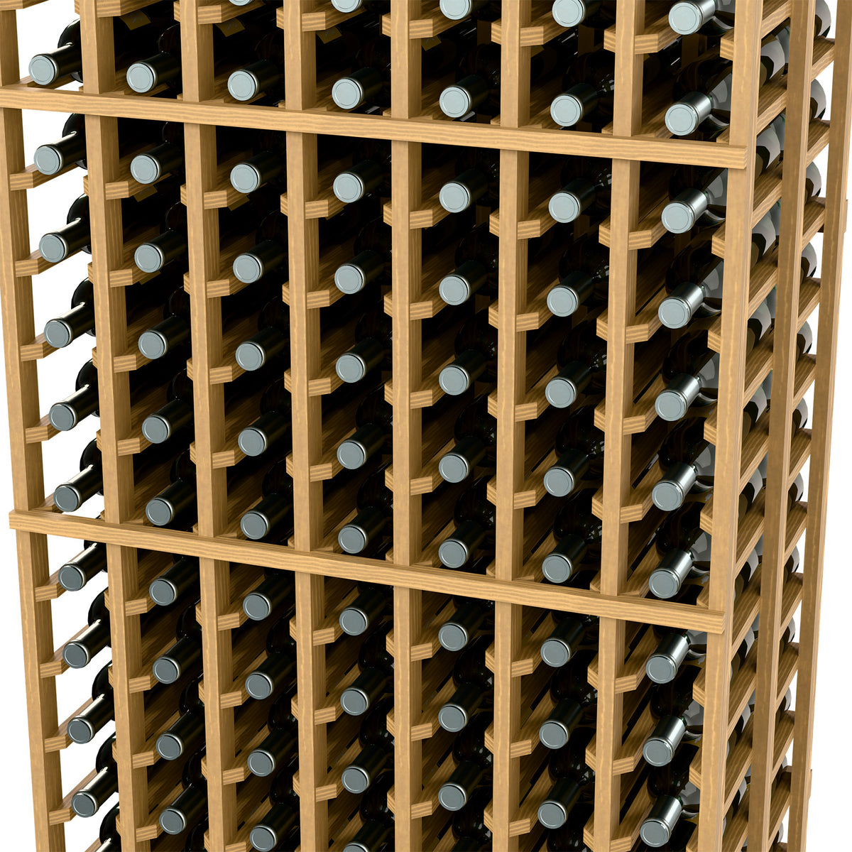 Wine bottle rack close-up: light wood slats and double-deep bottle rows