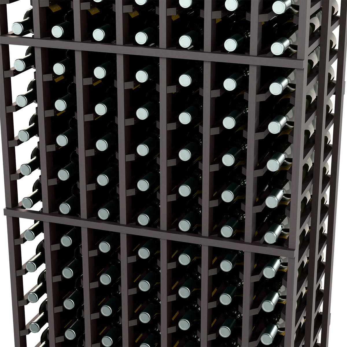 Wine bottle rack close-up: dark wood grid holding bottles in 7 vertical columns
