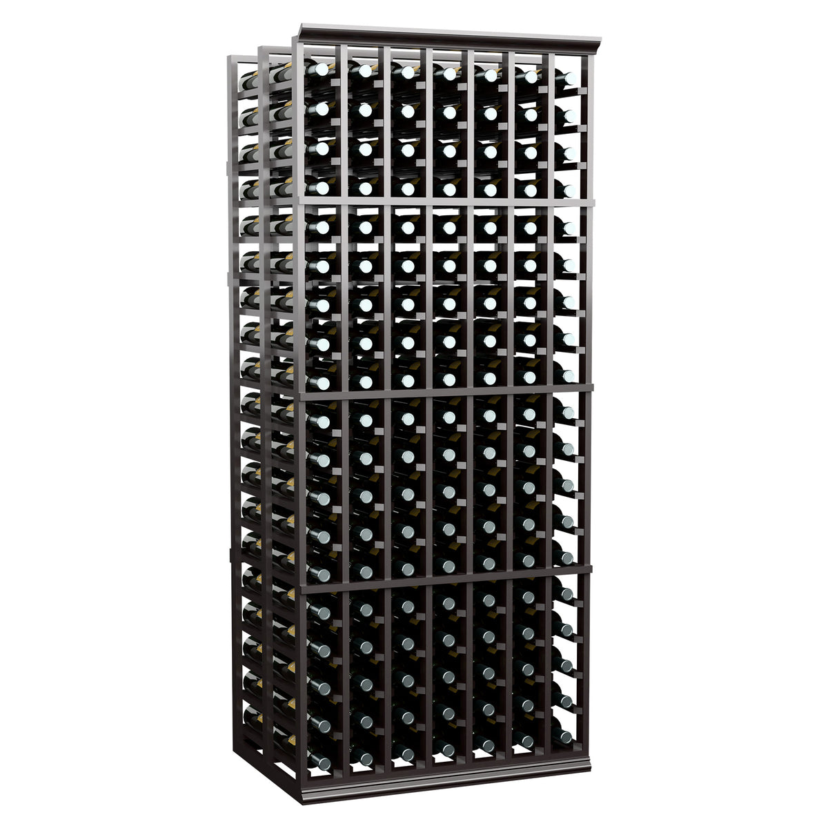Freestanding 7-column double-deep wine rack, dark frame with bottle tops