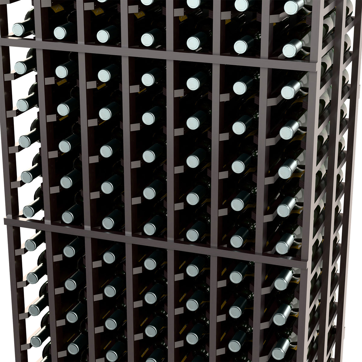 Wine bottle rack close-up: dark wood double-deep slats with bottles in rows
