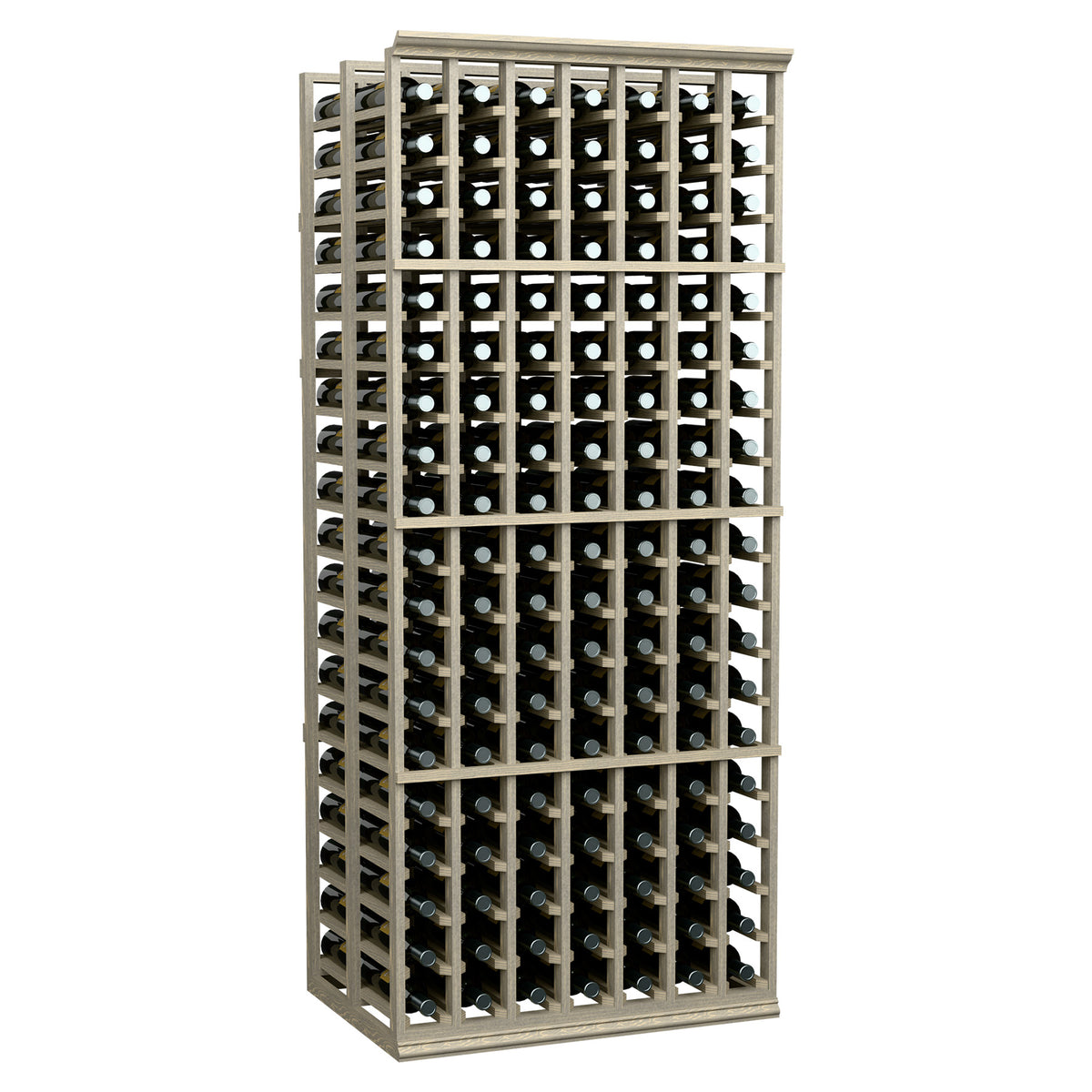 Double deep wine rack with rows of bottles in light wood frame, front view.