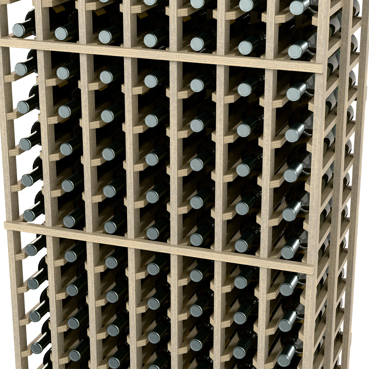 Close-up of double deep wine rack with bottles in light wood grid frame.
