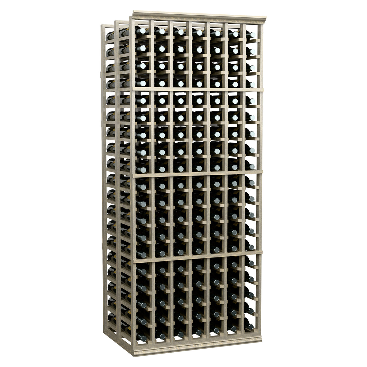 Double deep wine rack with bottles in light wood frame, front perspective view.