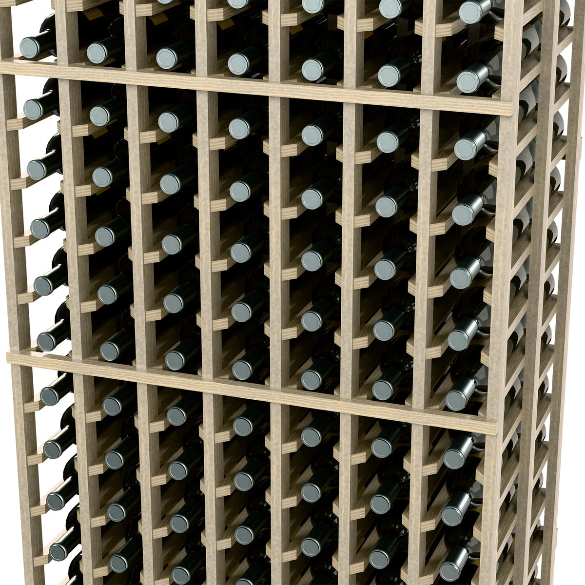 Close-up of wine bottle rows inside a light wood double deep rack.