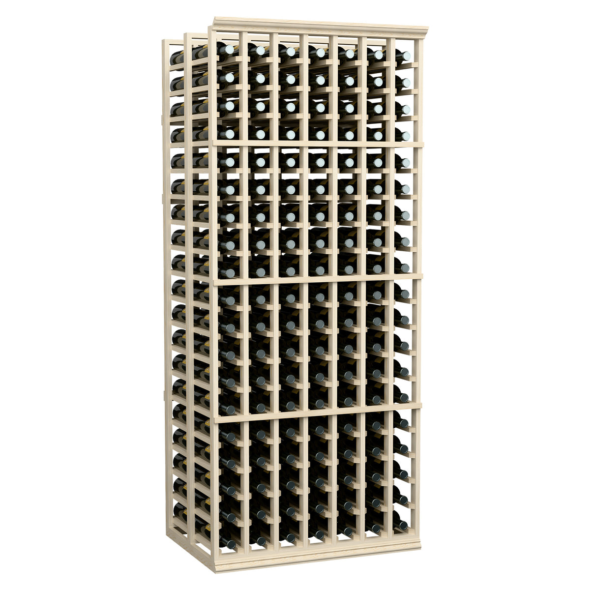 Double deep wine rack with bottle storage in light wood frame, angled front view.