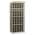 Double deep wine rack with bottle storage in light wood frame, angled front view.