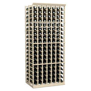 Double deep wine rack with bottle storage in light wood frame, angled front view.