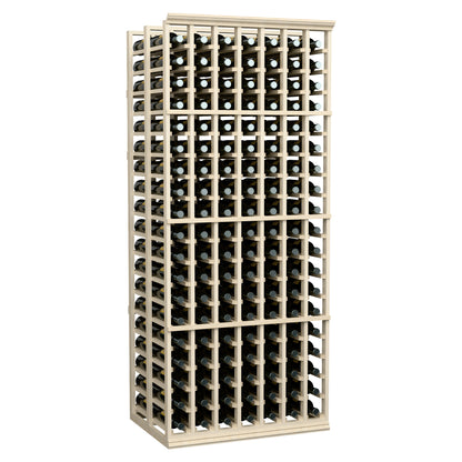 Double deep wine rack with bottle storage in light wood frame, angled front view.