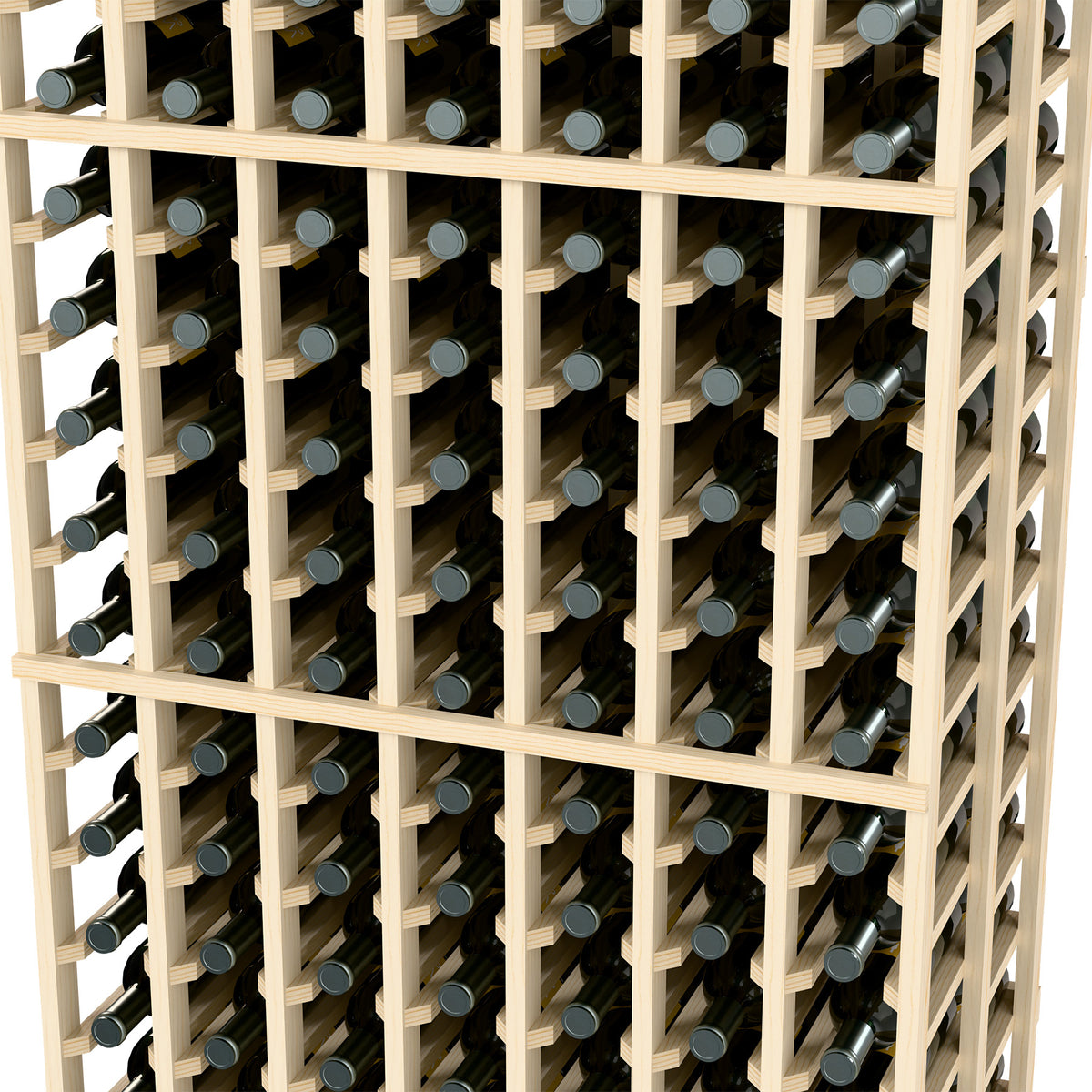 Close-up view of wine bottles arranged in a light wood rack grid.