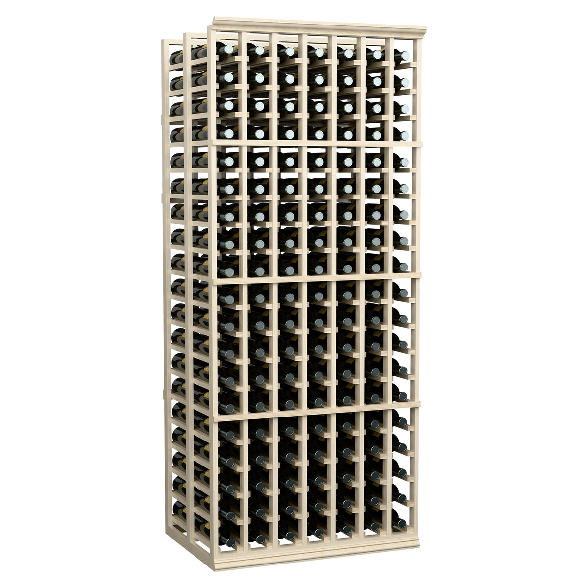 Double deep wine rack with bottles in light wood frame, full unit front view.