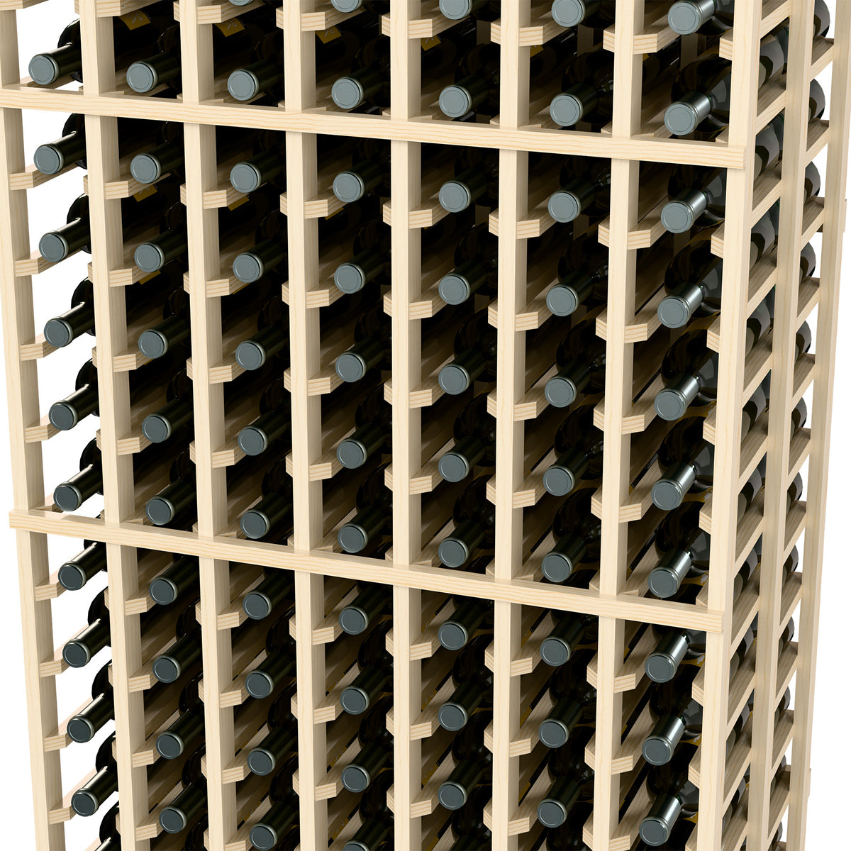 Close-up of stacked wine bottles inside light wood double deep rack.