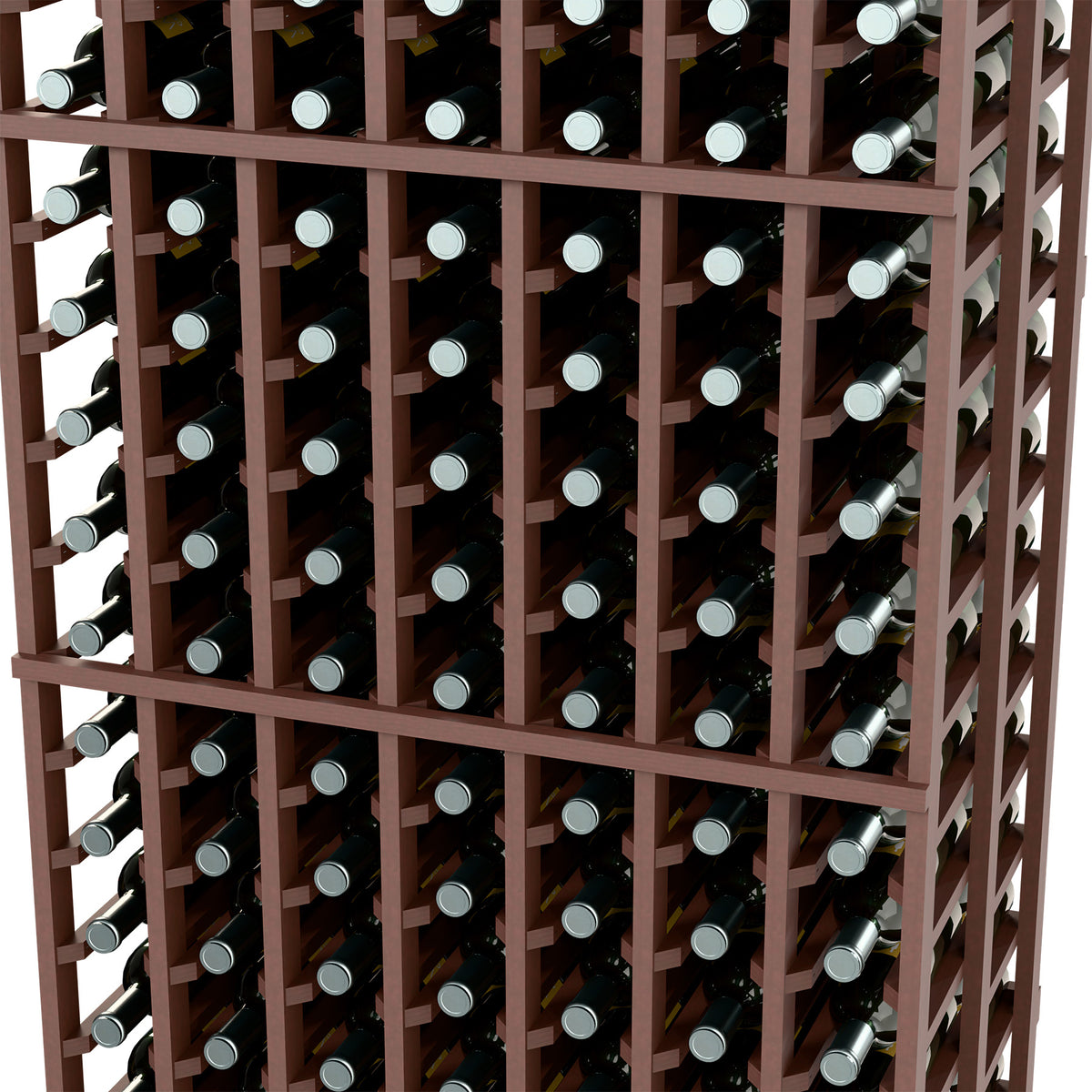 Close-up of wine bottles in a dark wood double deep rack grid.