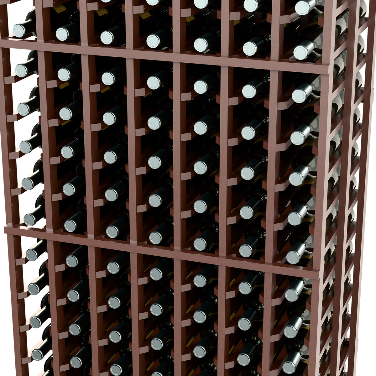 Wine bottle rack with dark brown grid, showing bottle necks and caps