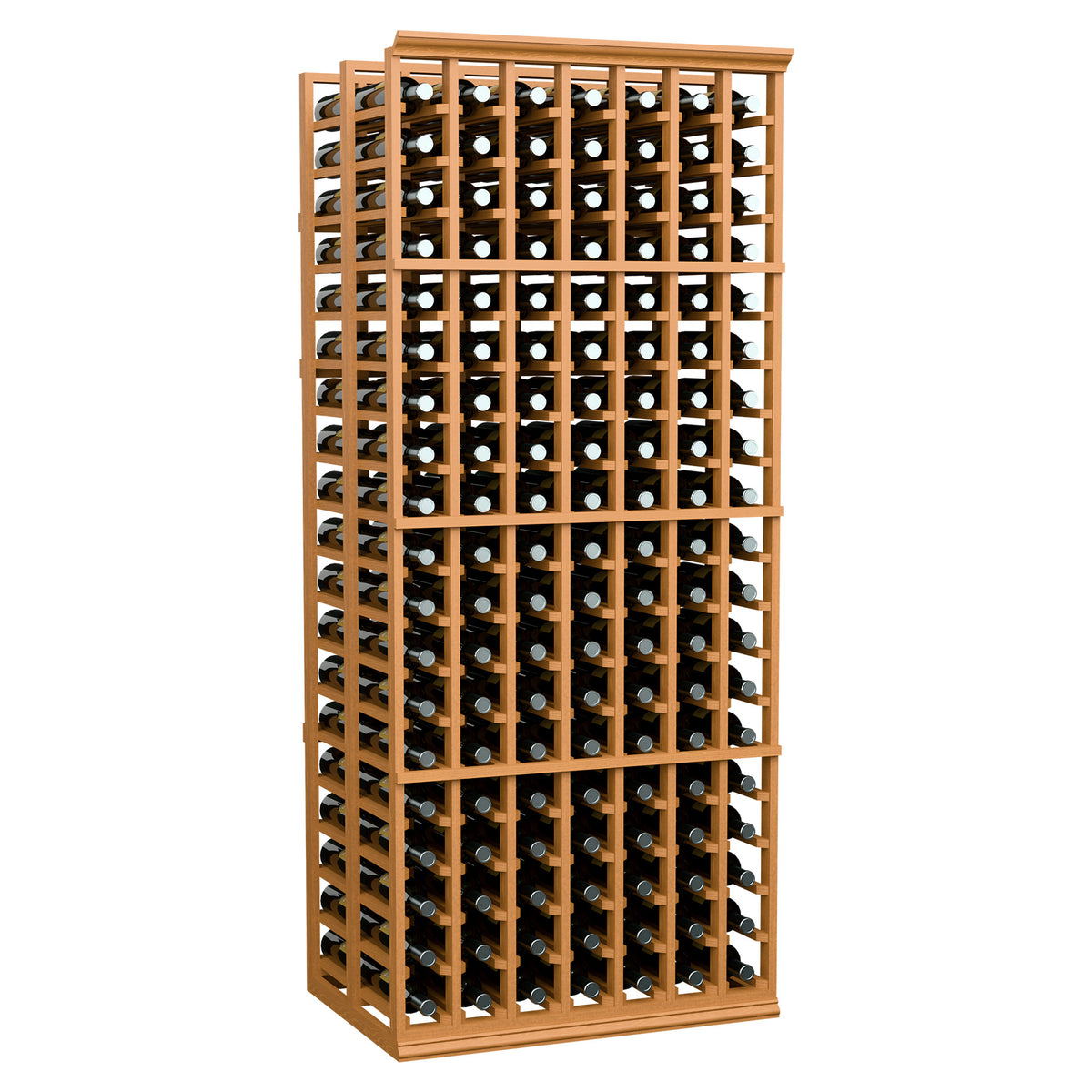 7-column double-deep wine bottle rack, light wood frame with bottles