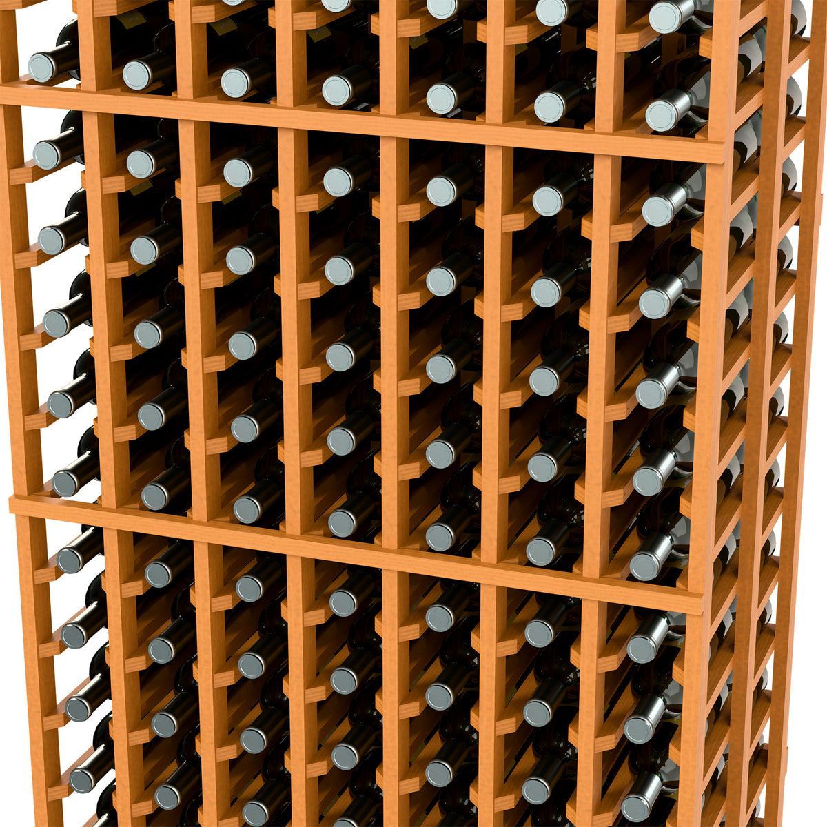 Wine bottle rack with light wood grid, showing rows of wine bottles