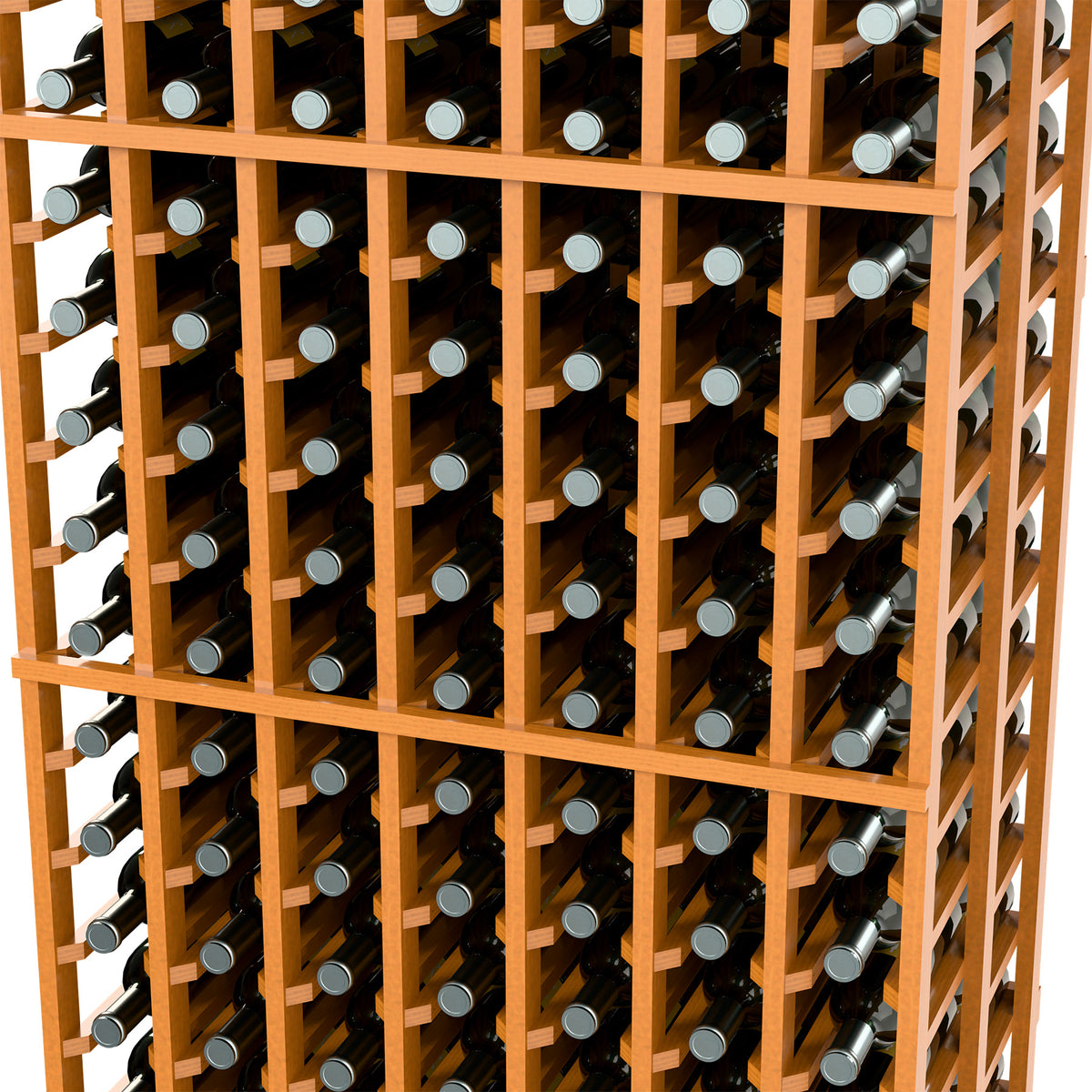 Wine bottle rack with light wood grid, multiple bottle rows on shelves