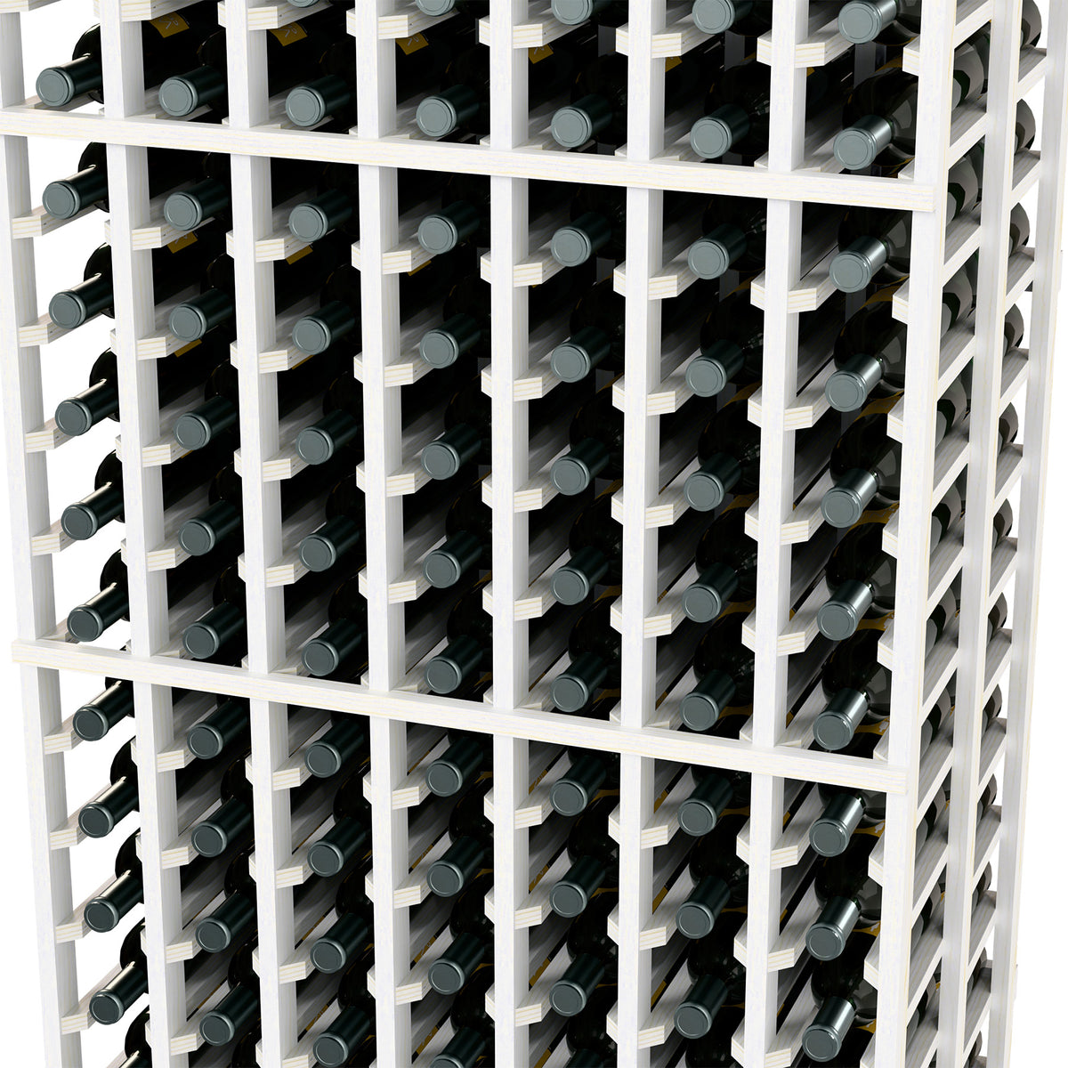 Wine bottle rack with white grid, showing bottle necks and caps