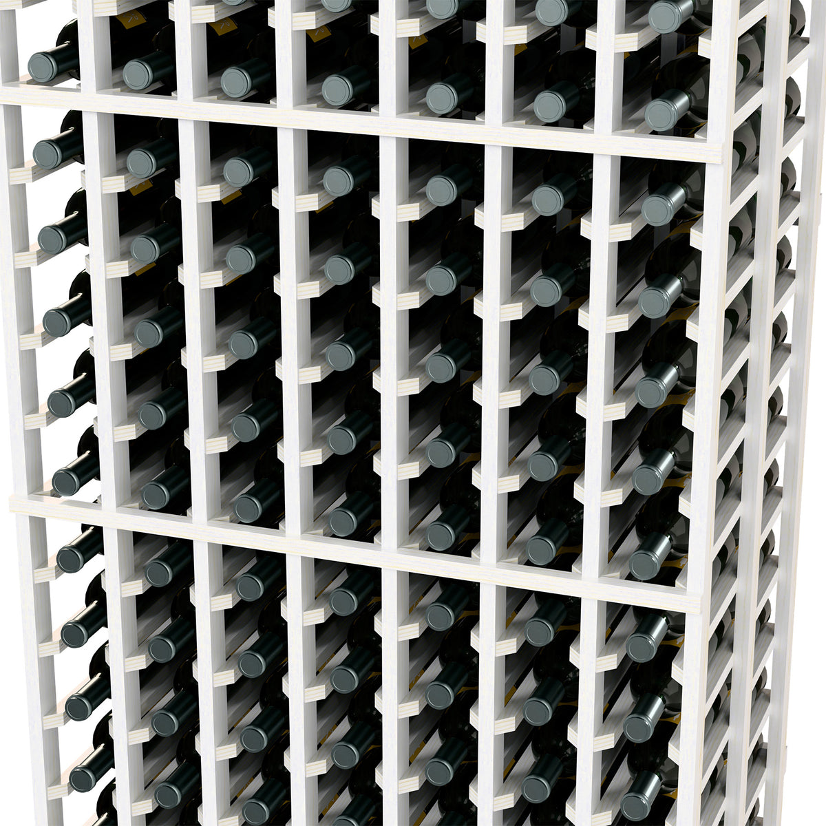 Wine bottle rack with white grid, multiple bottle rows and caps