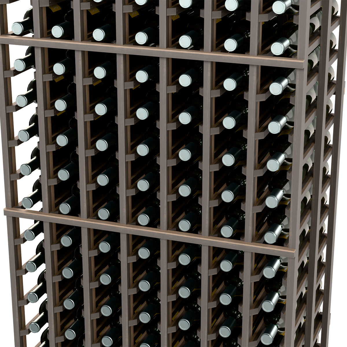 Close-up of gray 7-column double-deep wine rack showing bottle holders and rows