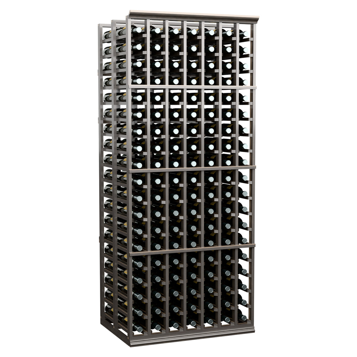 Front view of 7-column double-deep wine bottle rack with gray frame and filled slots