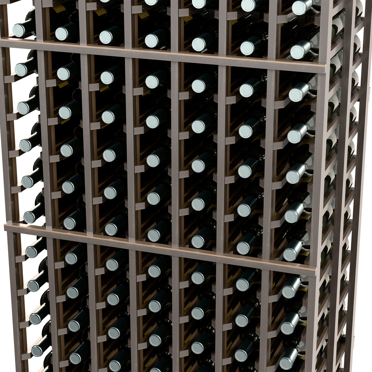 Close-up of gray double-deep wine bottle rack with stacked bottle positions