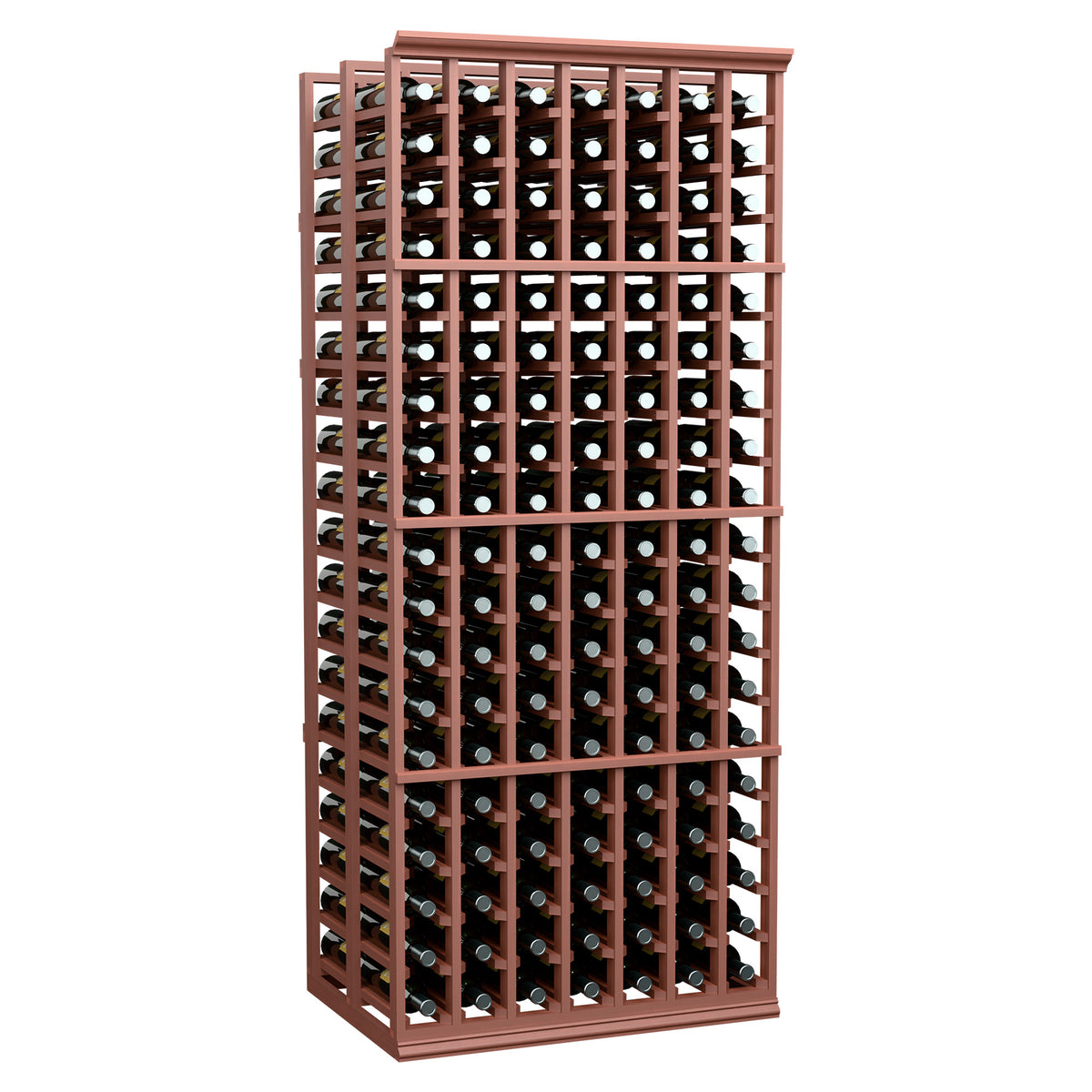 7-column double-deep wine bottle rack with warm brown frame and bottle slots