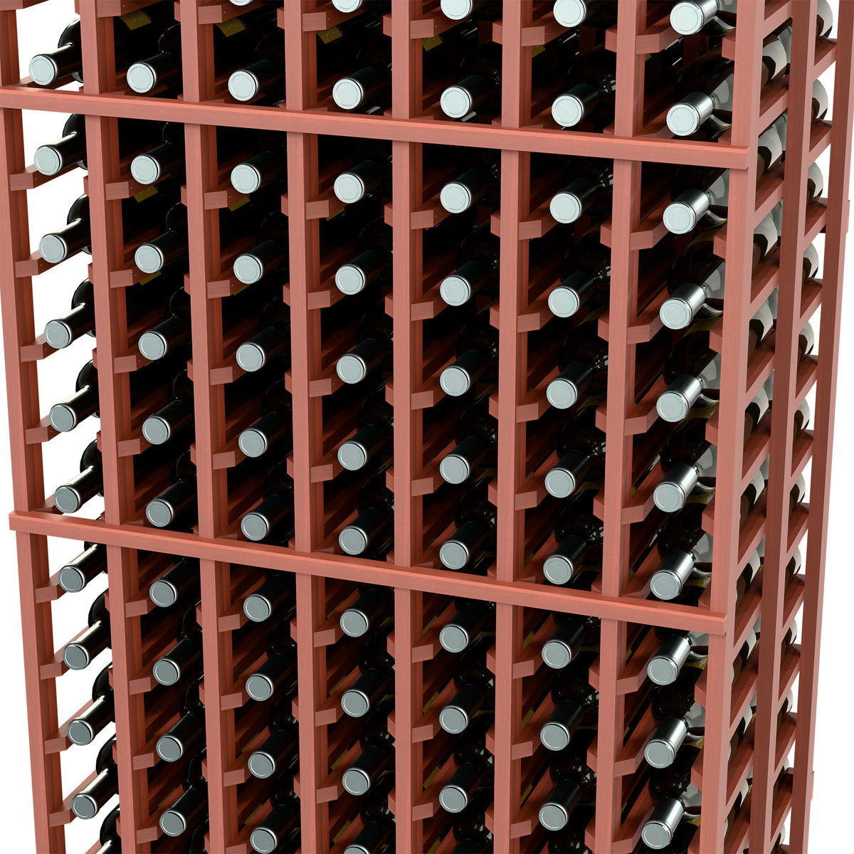 Close-up of warm brown double-deep wine rack showing bottle holders and rows