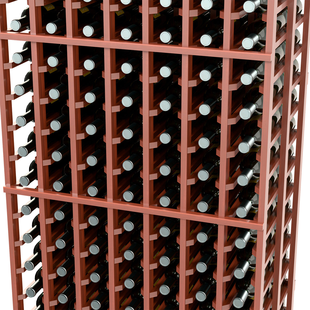 Close-up of warm brown double-deep wine bottle rack with multiple bottle rows