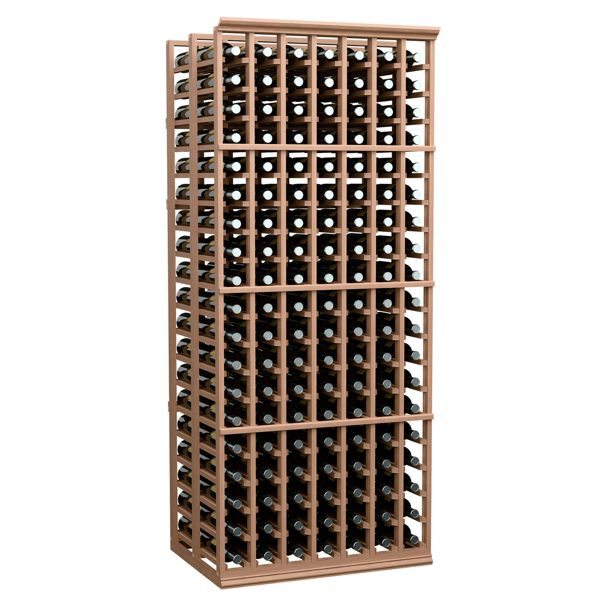 7-column double-deep wine bottle rack with light brown frame and bottle storage