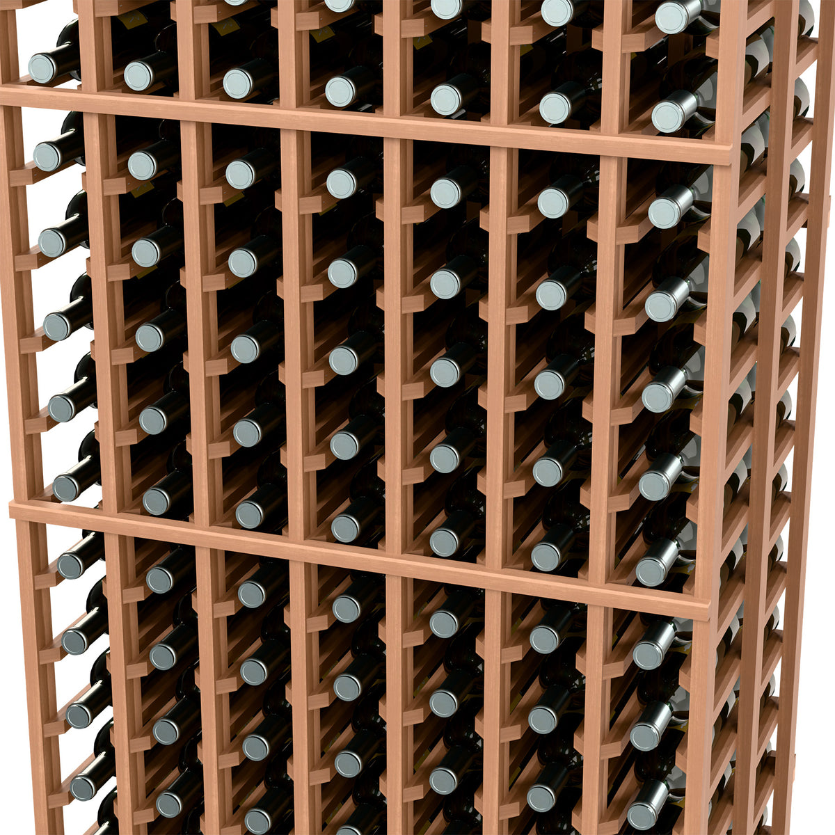 Close-up of light brown double-deep wine rack with evenly spaced bottle positions