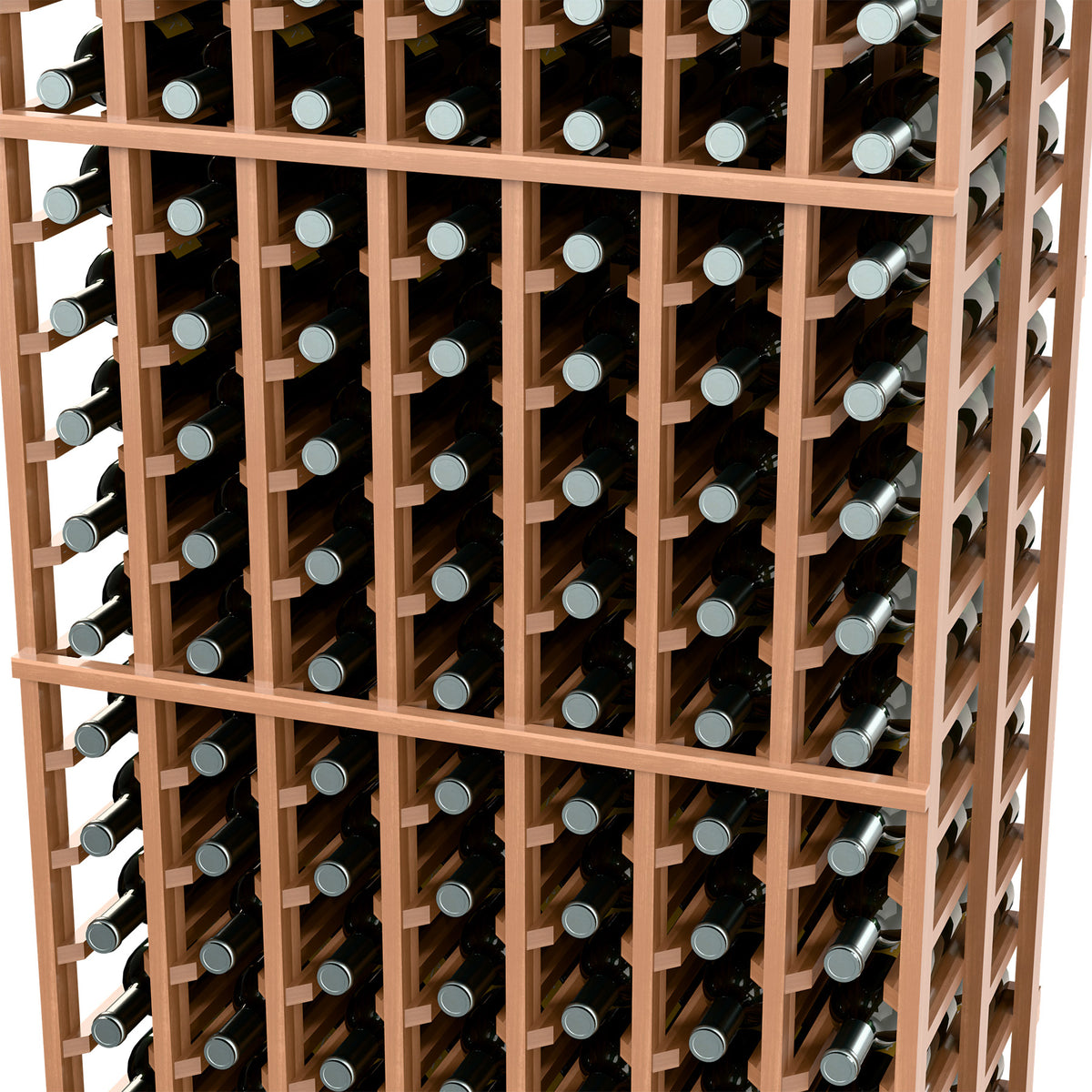 Wood wine bottle rack close-up with bottle rows in a double-deep 7-column grid.
