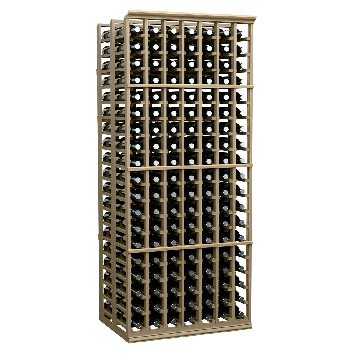 Wood wine bottle rack with bottle slots across the double-deep 7-column frame, 6 ft.