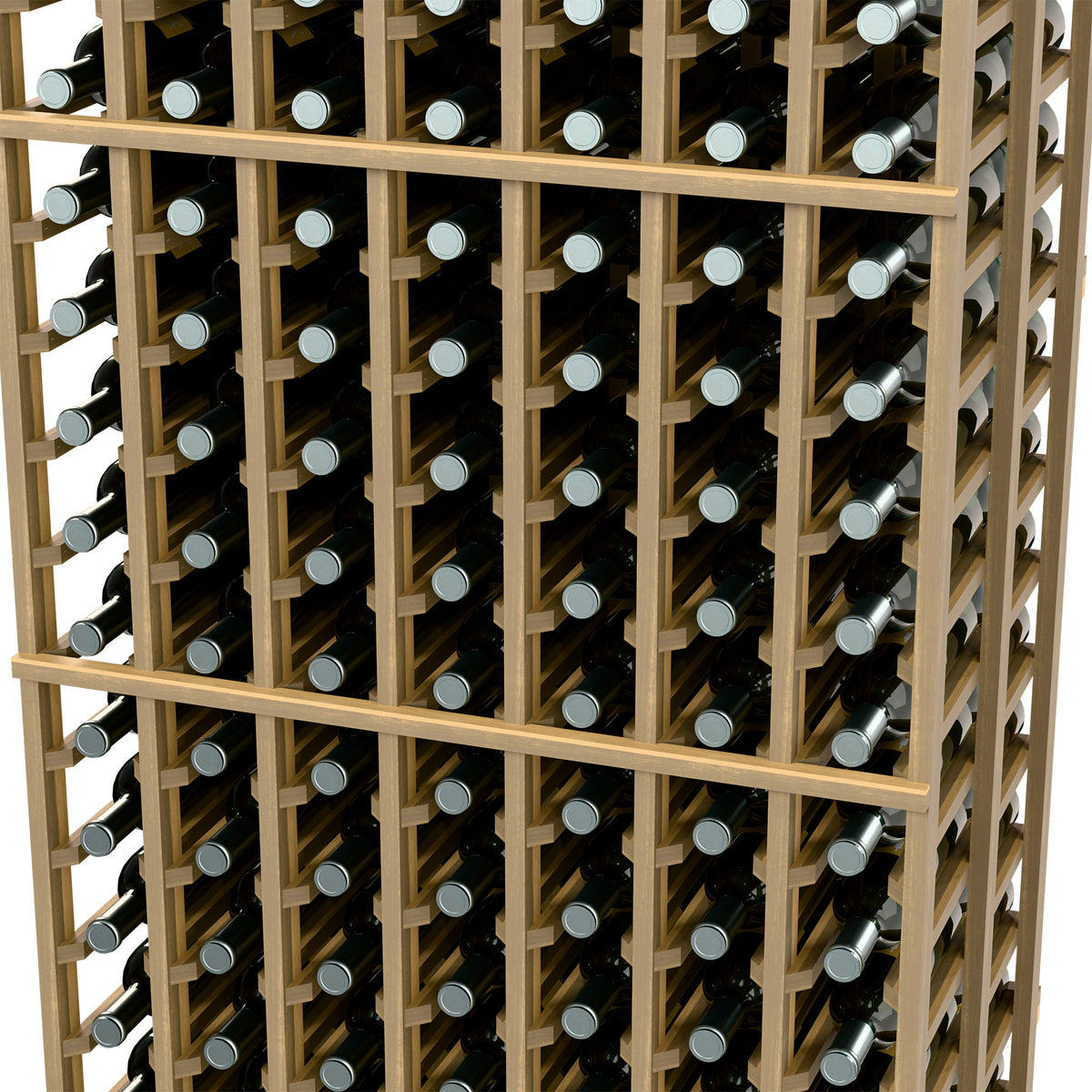 Wood wine bottle rack close-up showing rows of bottles in a double-deep 7-column grid.