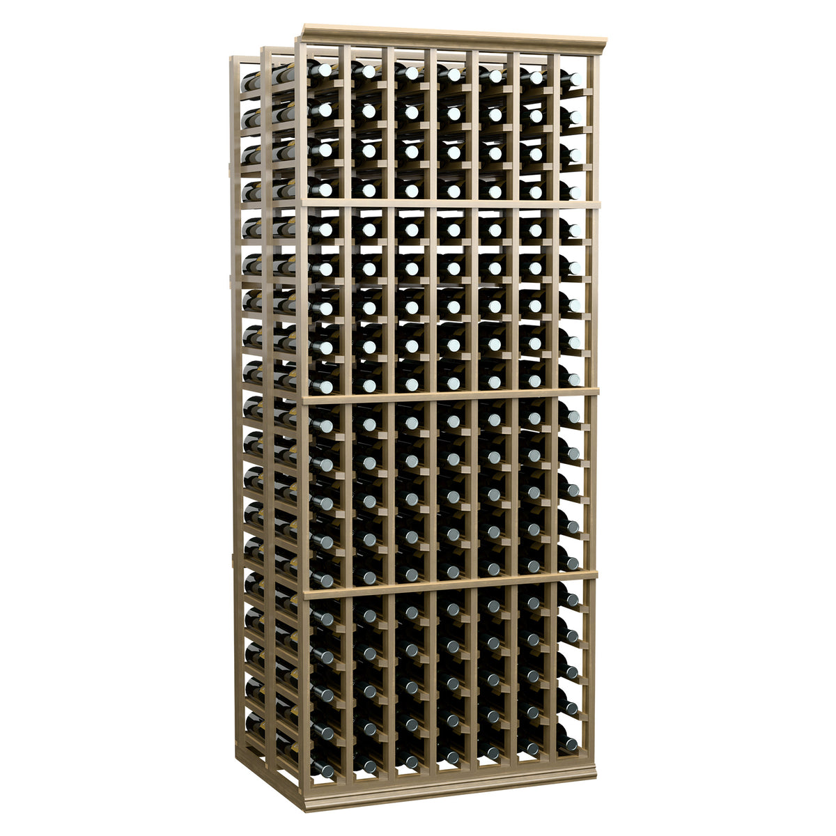 Wood wine bottle rack standing unit with bottle holders in a double-deep 7-column design.