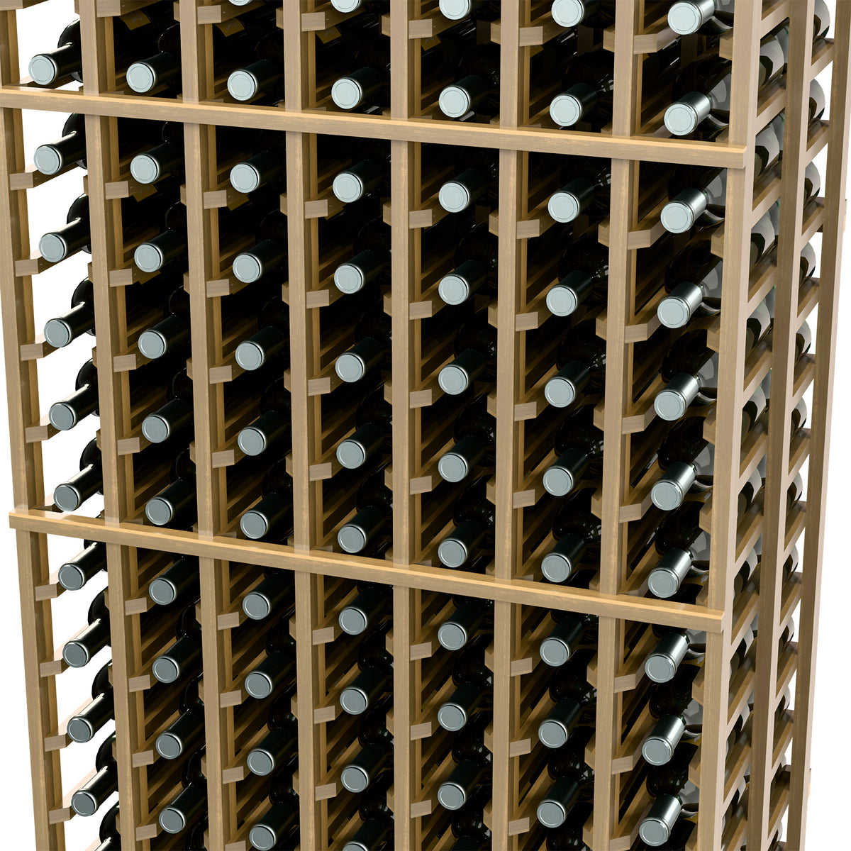 Wood wine bottle rack close-up with multiple bottle slots in a double-deep 7-column grid.