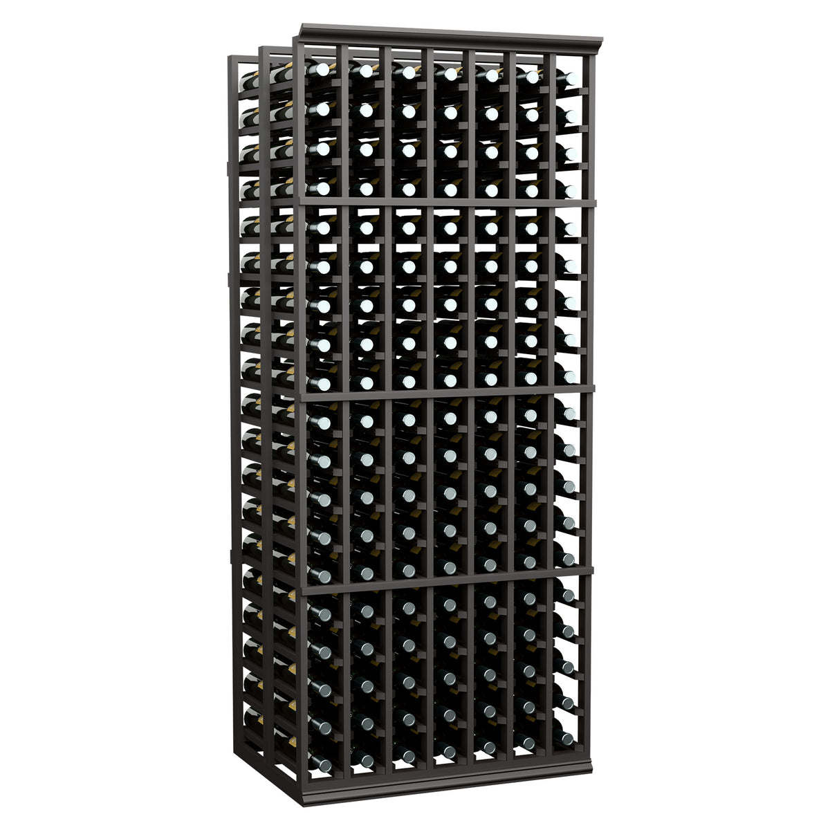 Black wine bottle rack with grid holding bottles, double-deep 7-column, 6 ft.