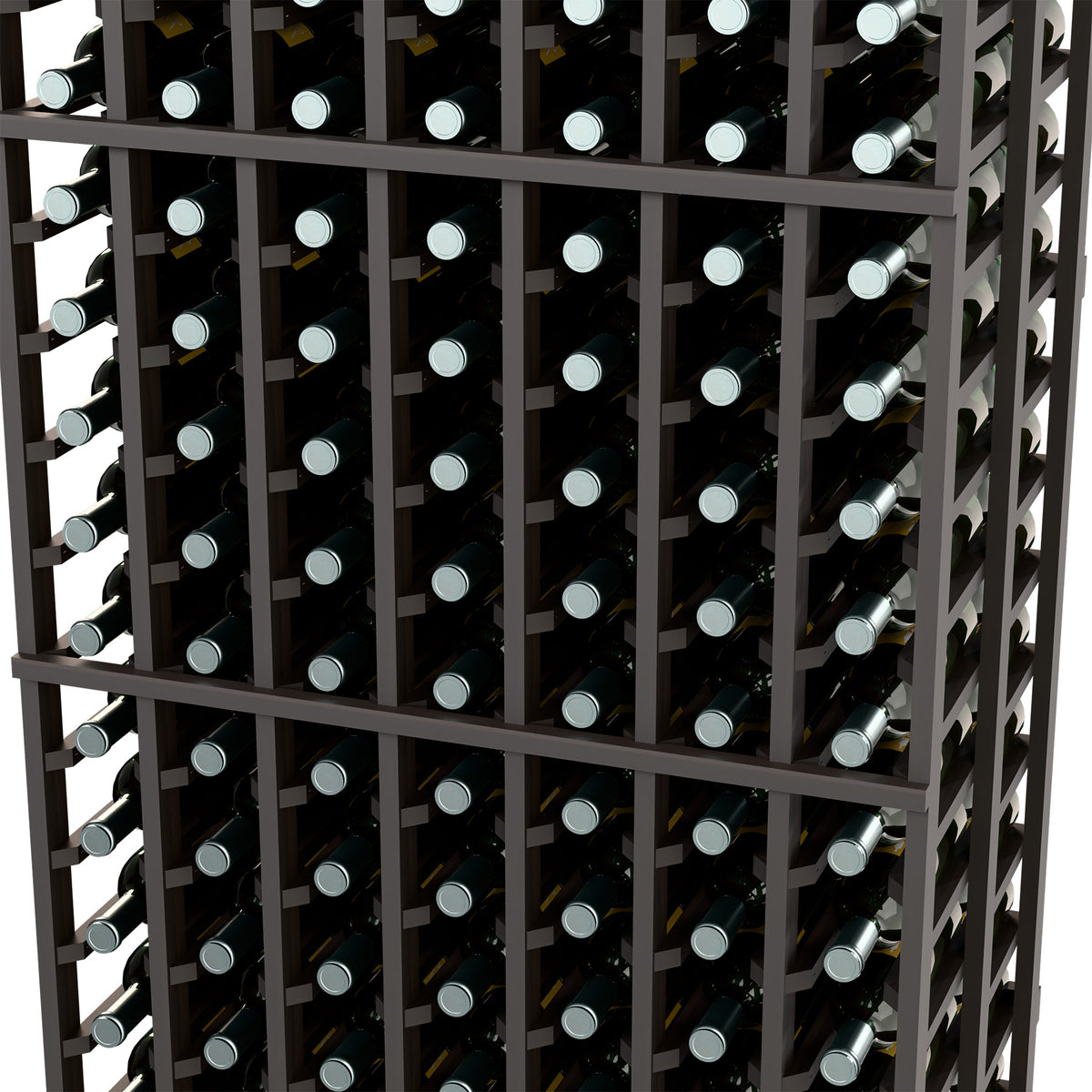 Black wine bottle rack close-up with bottle rows in a double-deep 7-column grid.