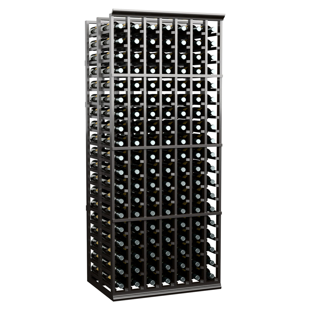Black wine bottle rack with bottle slots across the double-deep 7-column frame, 6 ft.