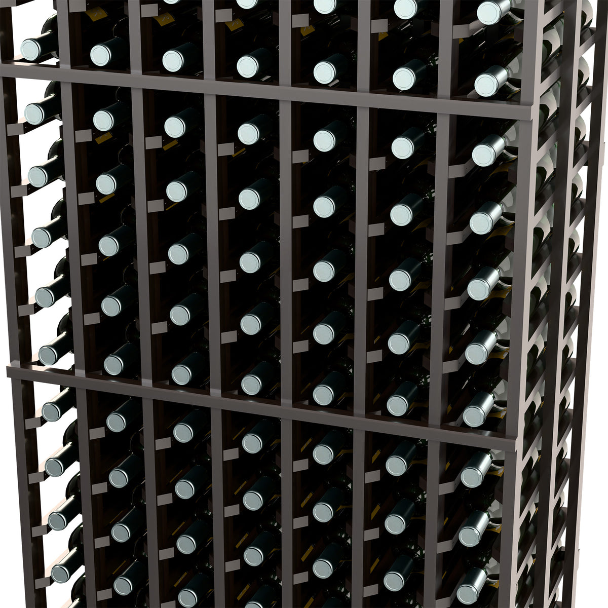 Black wine bottle rack close-up showing rows of bottles in a double-deep 7-column grid.