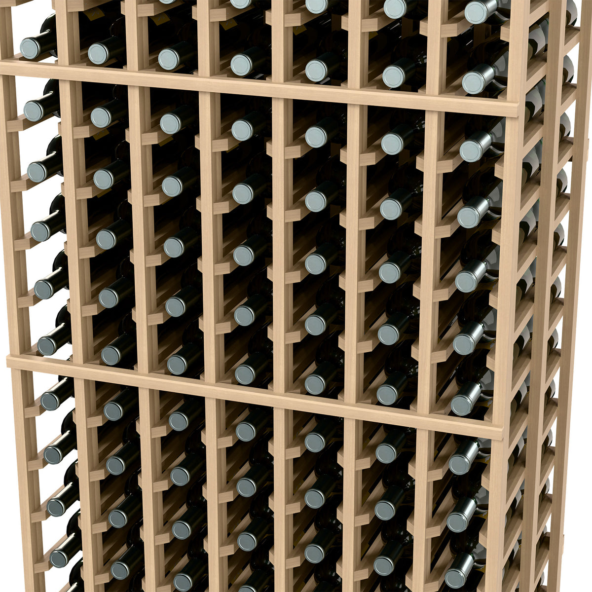 Close-up of 7-column double deep wine rack showing bottle slots in a light wood frame