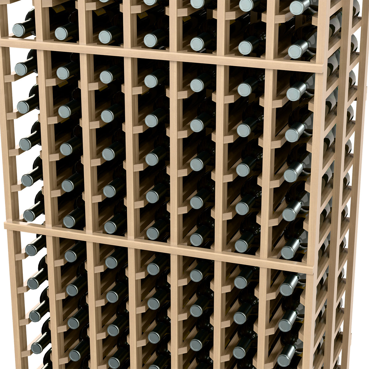 Angled view of a light wood 7-column wine rack with multiple bottle rows