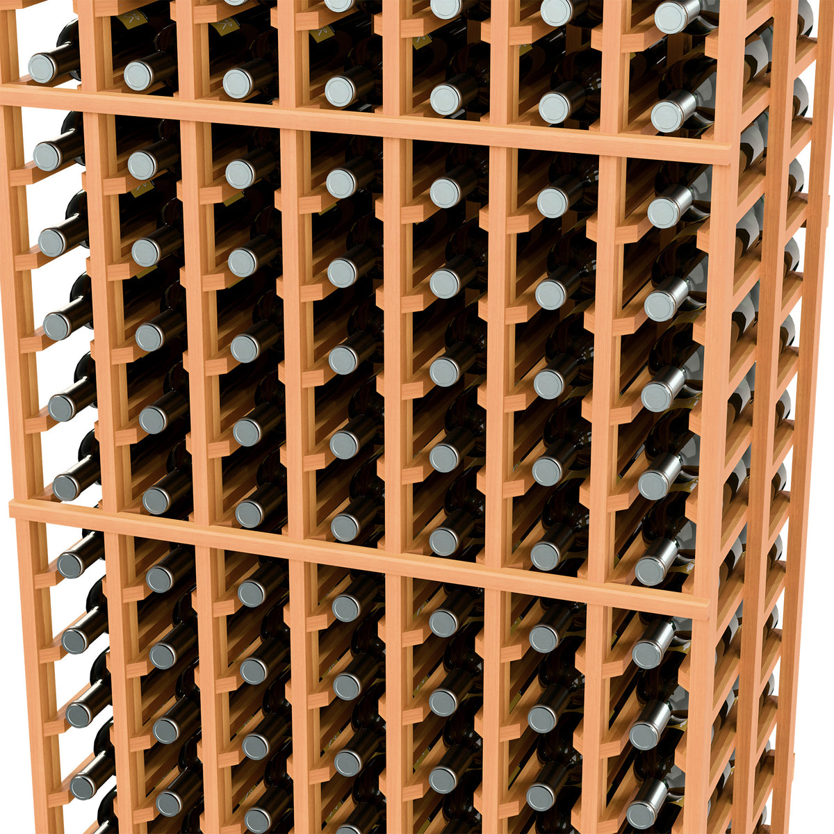 Close-up of warm wood 7-column wine rack with bottle slots and divider rails