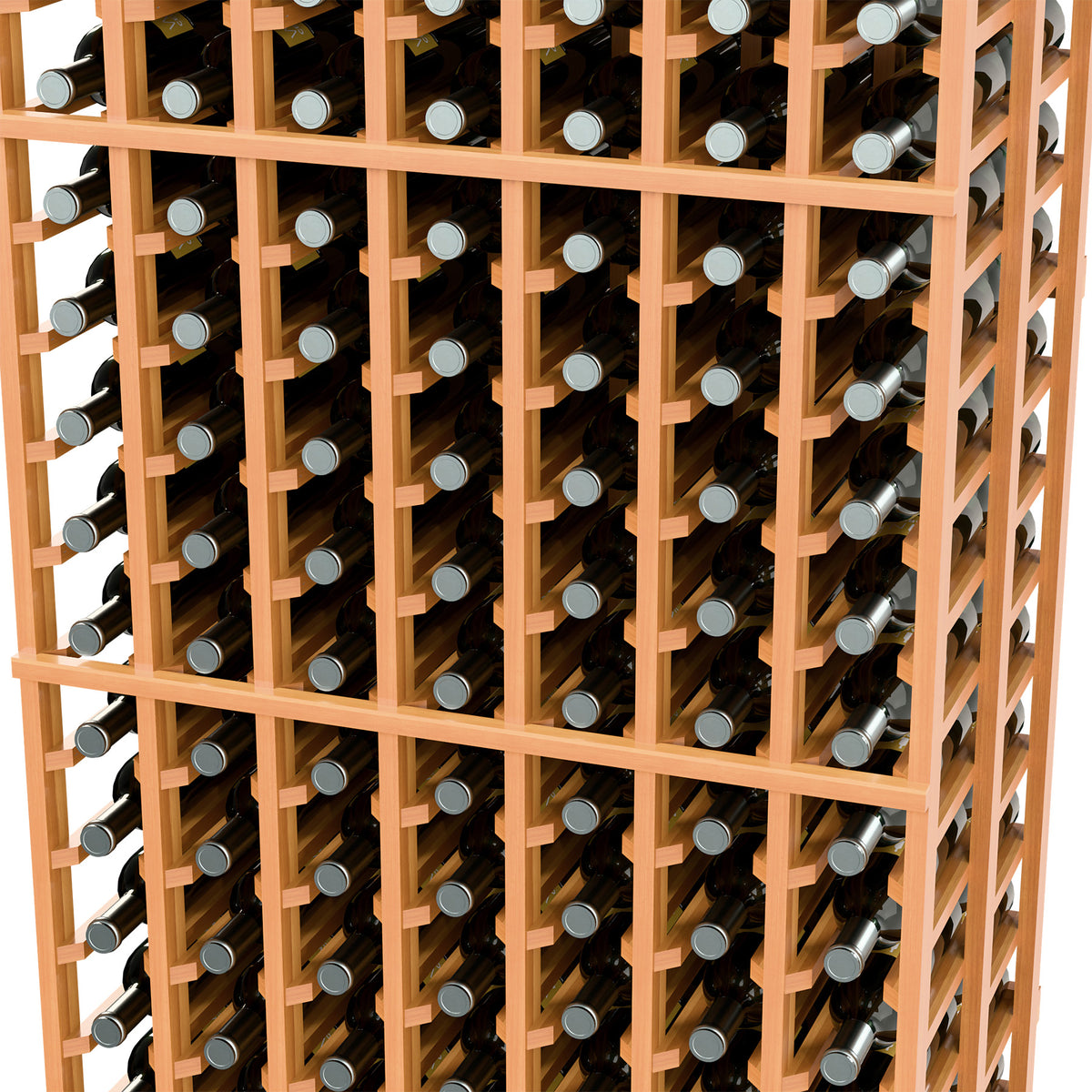 Angled detail of warm wood 7-column wine rack showing rows of bottle openings
