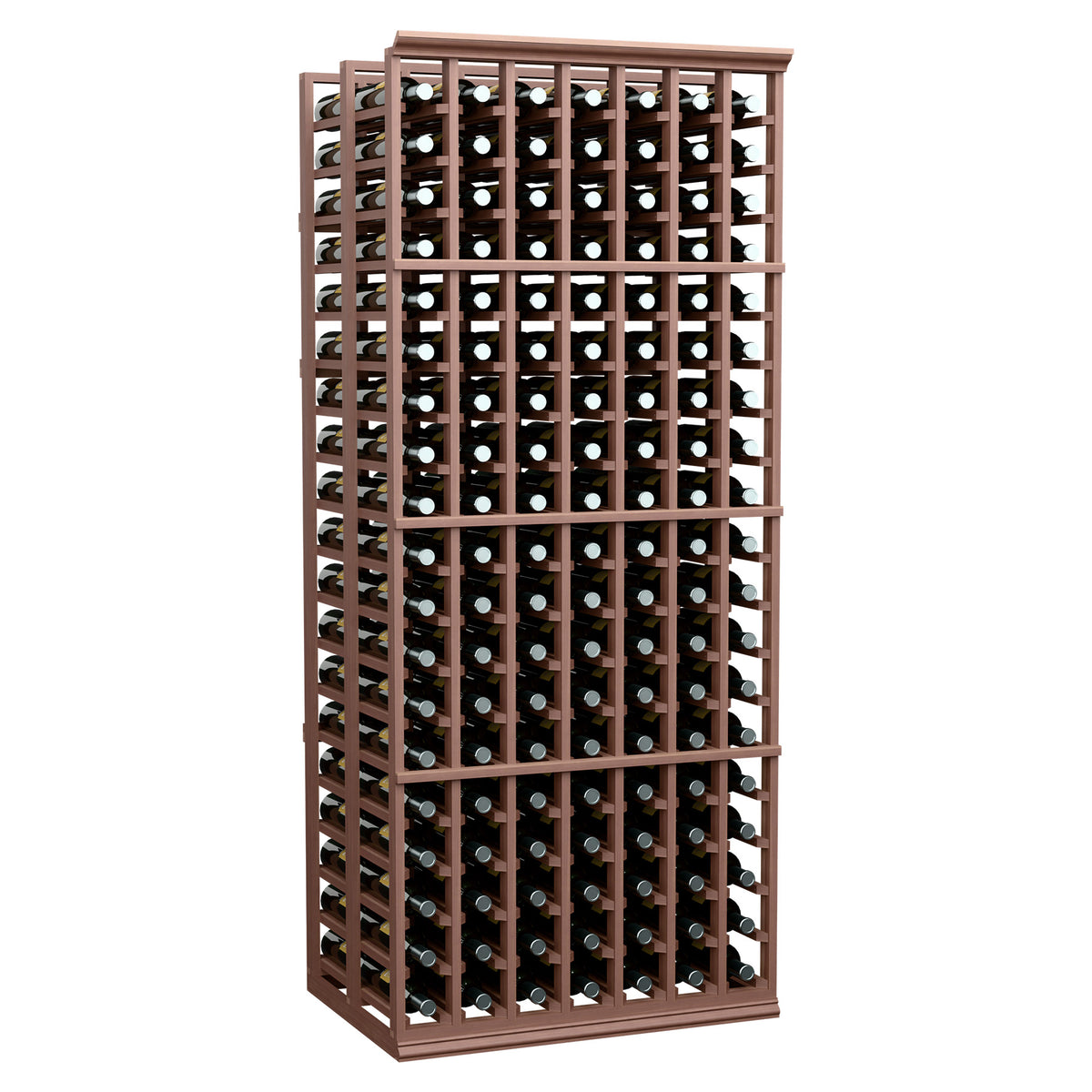 7-column double deep wine rack with dark wood frame holding bottles in grids