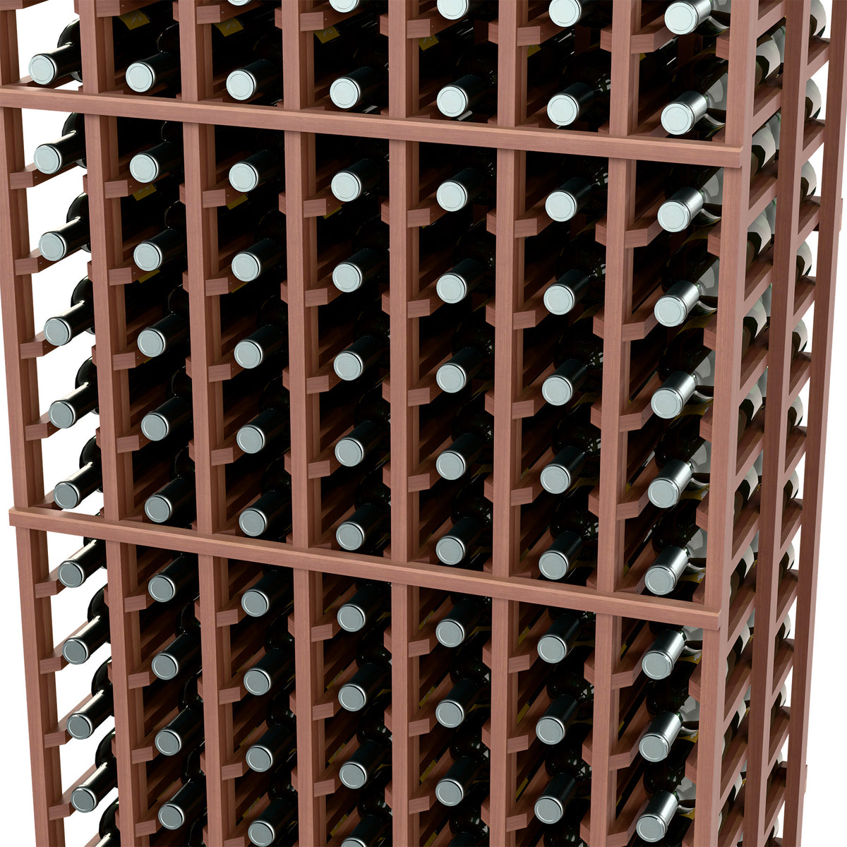 Close-up of dark wood 7-column wine rack with bottle slots and side dividers