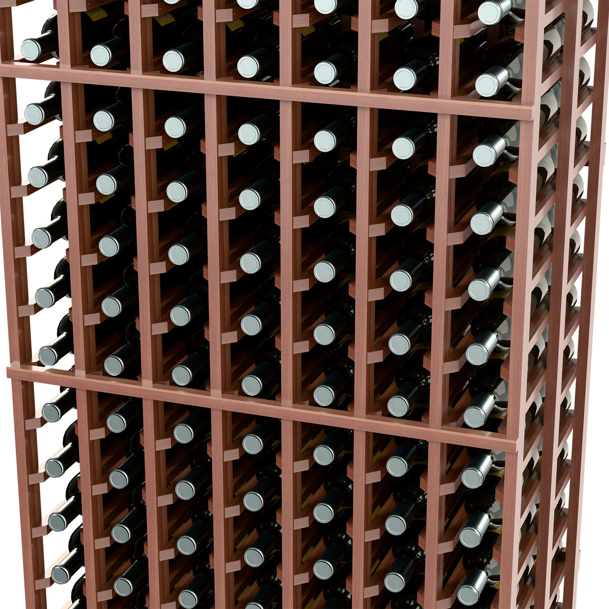 Dark wood wine rack interior with multiple bottle slots and visible bottle necks