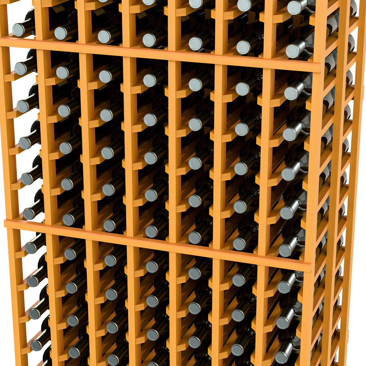 Light wood wine rack interior with stacked bottle slots and evenly spaced divisions