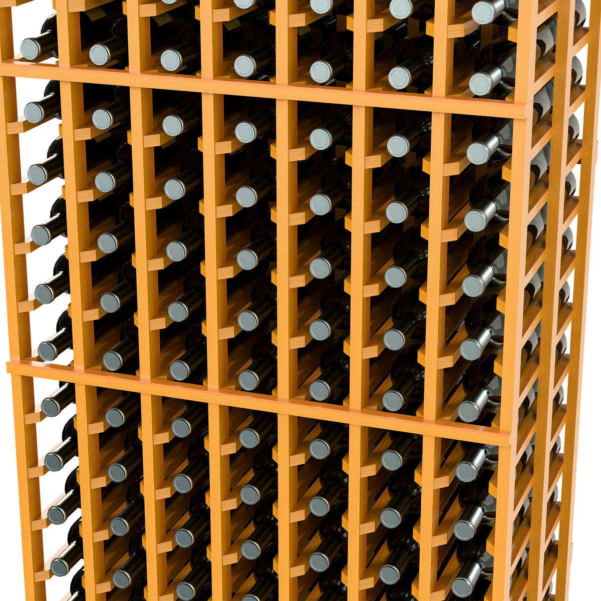 Natural wood wine rack interior with multiple rows of bottle slots and bottles