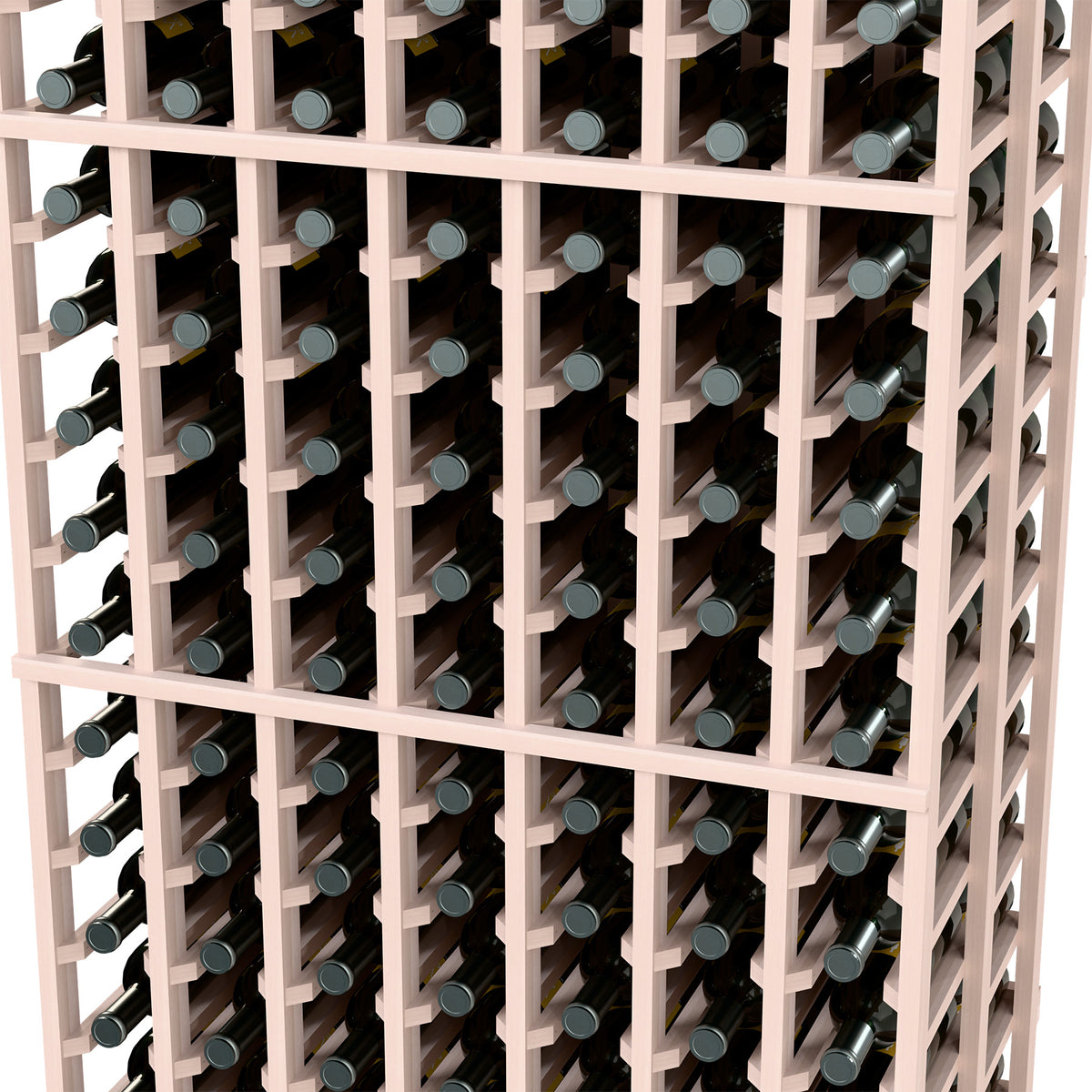 Grey-toned wood wine rack interior with many bottle slots and bottle tops visible